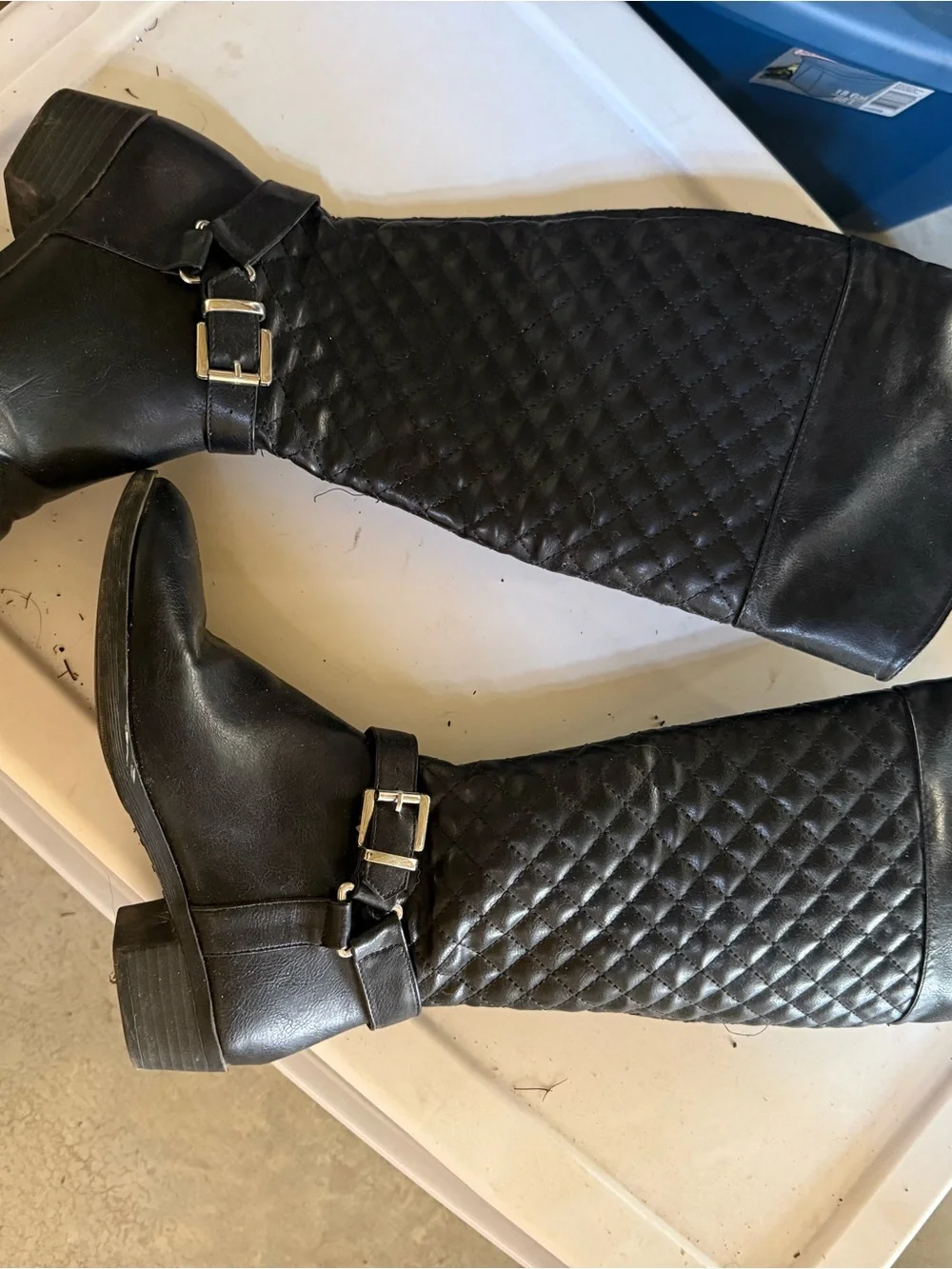Black Quilted Knee-High Riding Boots with Buckle Detail